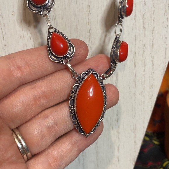 RED CORAL ❤️❤️❤️ 925 SS Plated and Stamped Necklace - Picture 3 of 4